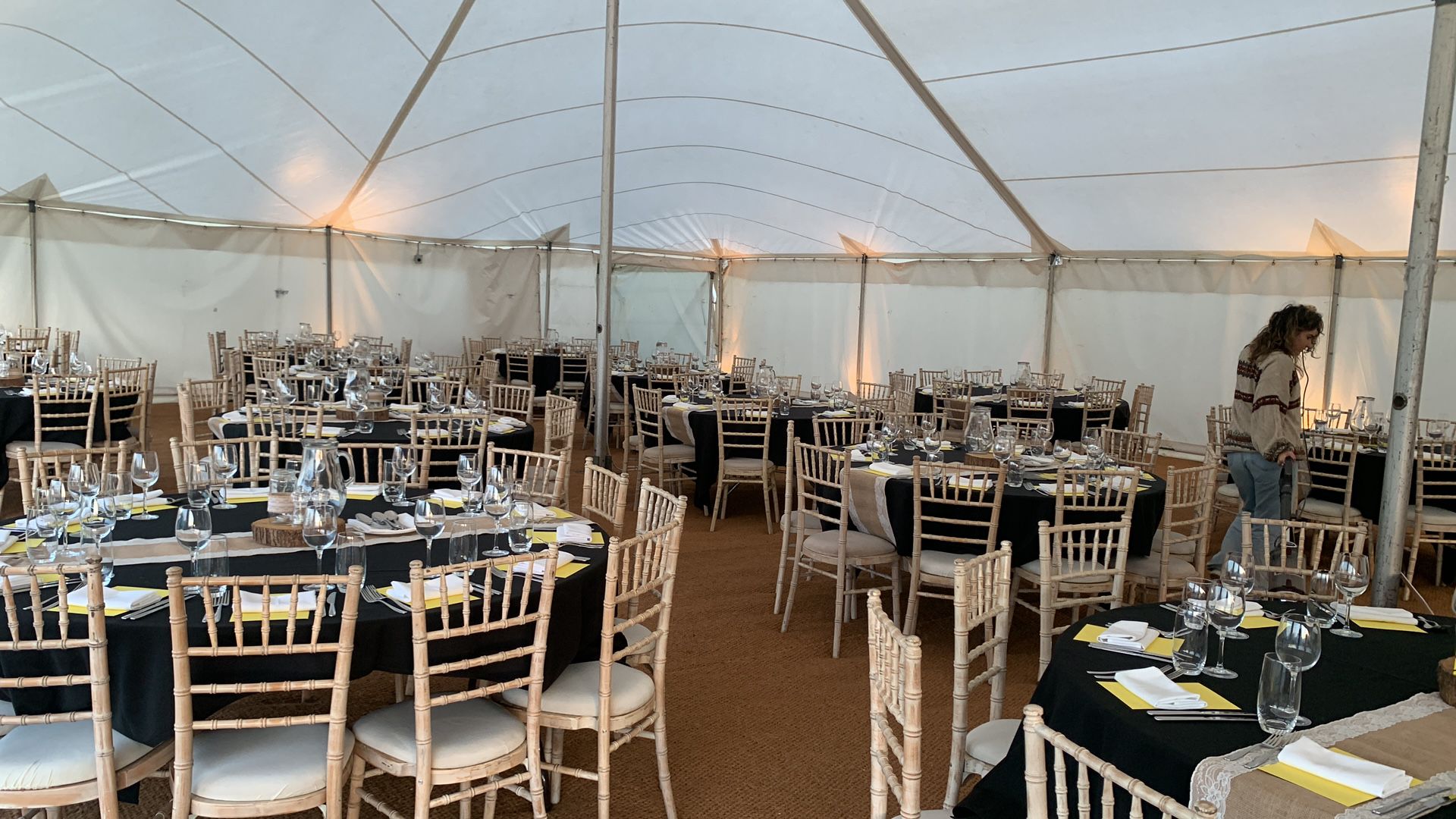 View of all the tables within the marquee that was constructed for the event.